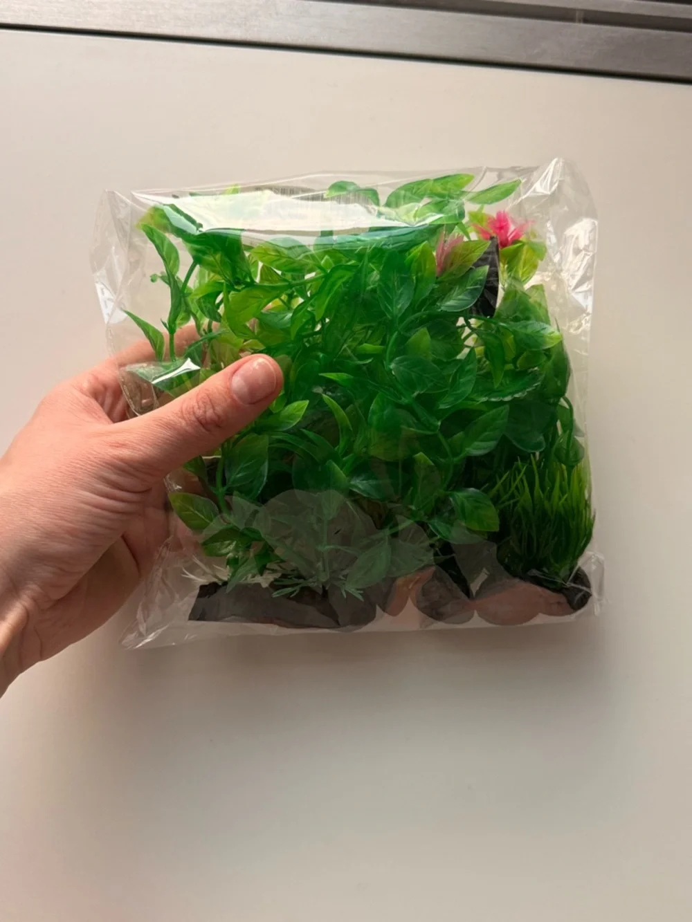 Artificial Aquarium Plant Set - Green with Pink Accent